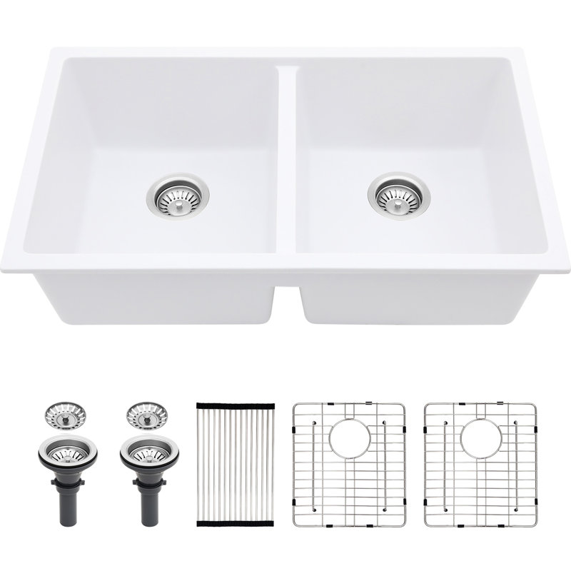 Évier de cuisine encastré à double cuve 50/50 en quartz blanc de 33 po x 19 po, avec coins arrondis épais et solides, ensemble avec évier en granite à grille inférieure, fonctionnement silencieux, non poreux lisse,