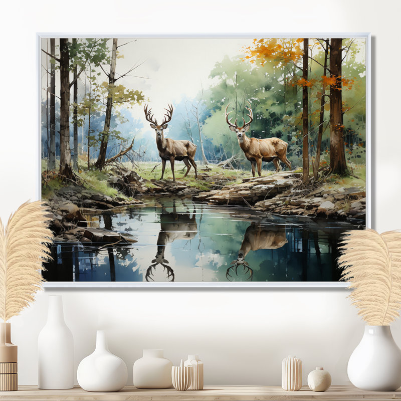 «Deer Majestic Reflections - Deer», reproduction d'art sur toile encadrée, H 16 po x l 32 po x P 1 po, Cadre flottant blanc