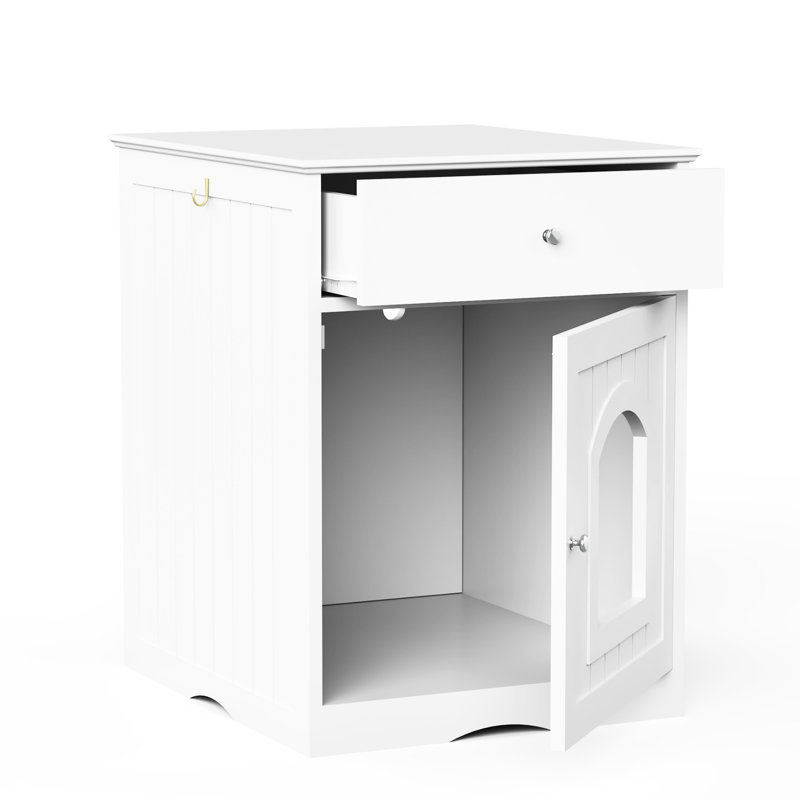 Bac à litière d'intérieur en bois pour chat avec table latérale et tiroir - Tiroir blanc, pour