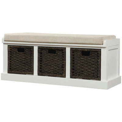 Banc de rangement rustique avec 3 paniers en rotin classiques amovibles, banc de rangement pour hall d'entrée avec coussin amovible
