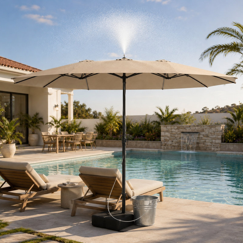 Parasol de patio à double face beige avec trousse de brume et base Traiden, Beige