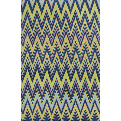 Tapis en laine à motif zigzag moderne bleu, jaune, mauve et vert touffeté à la main Blair