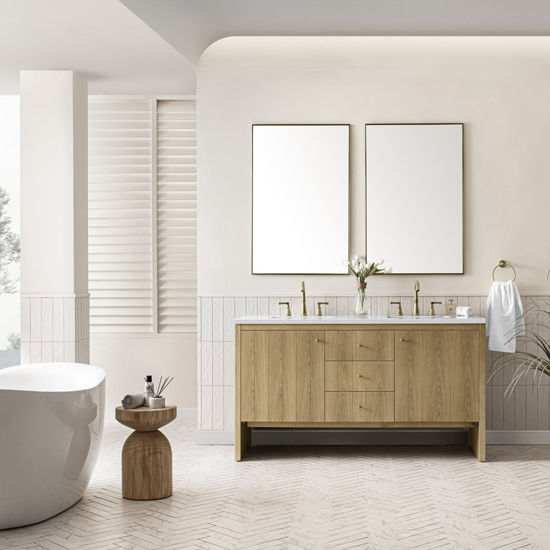 Hudson 60'' W Double Vanity, 8" Widespread, Light Natural Oak, White Zeus