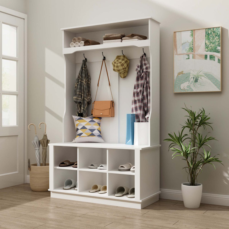 Hall Tree 39.8'' Wide with Bench and Shoe Storage, White