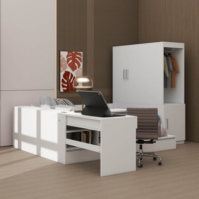 Lit plateforme double en bois avec tiroirs, tablettes, bureau intégré et garde-robe