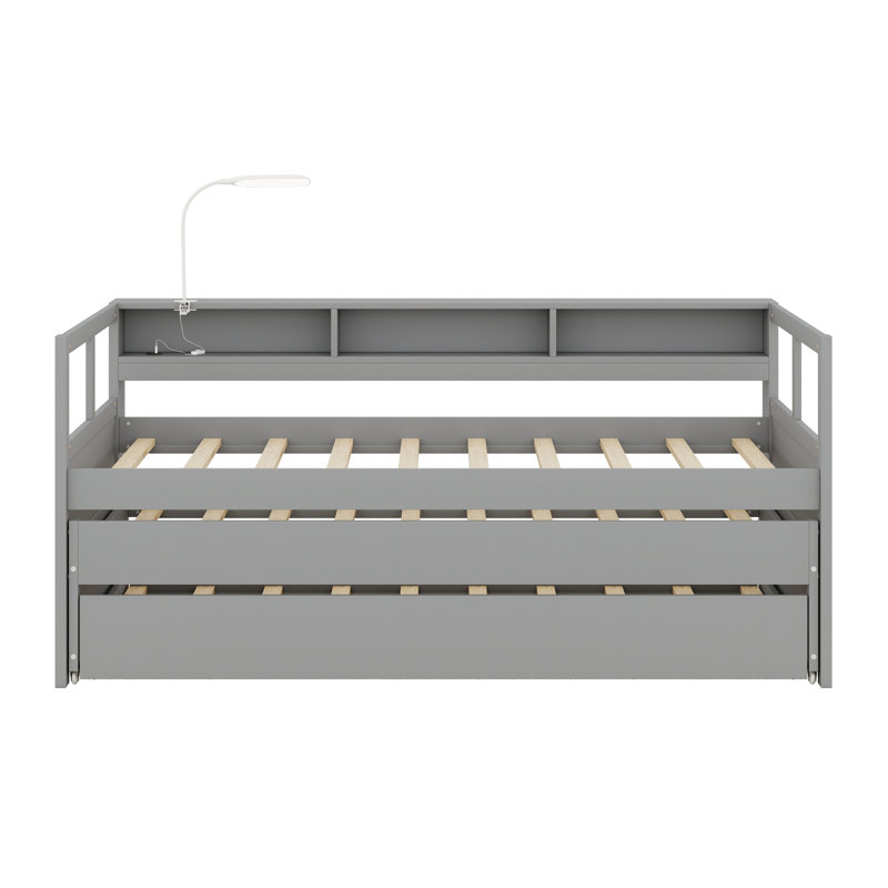 Daybed With 2 Trundles, Storage Shelves, 1 Light For Free And USB Charging Design, Gray