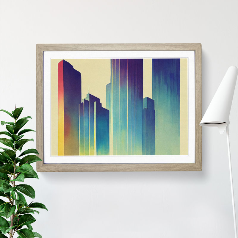 Watercolour Skyscraper Skyline Vol.4 Abstract 1 Piece Single Picture Frame Wall Art, 25cm H x 34cm W, Grey