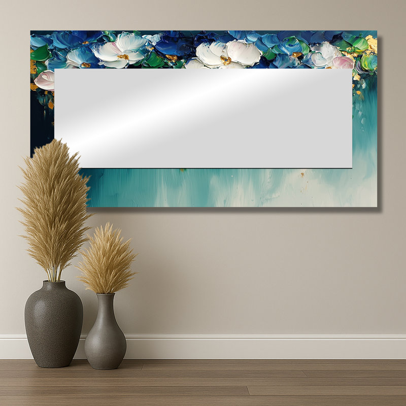 Fleurs vertes dans un néo-expressionnisme II - art mural moderne miroir - imprimé sur métal, 28 po x 55 po