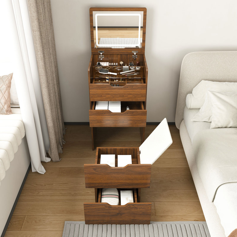 Meuble-lavabo 19 po 3 en 1 avec miroir éclairé et tabouret rabattable, pour salle de bain dans la chambre à coucher, noyer