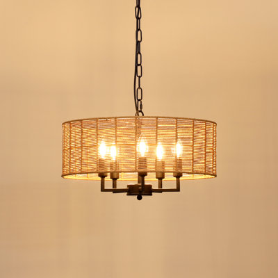 Aarzo 19.7" 5-Light Boho Dimmable Drum Chandelier with Hand-Woven Rattan Shade