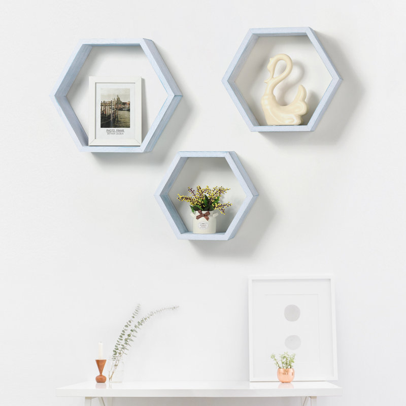 Arlea 3 Piece Hexagon Floating Shelf, Blue