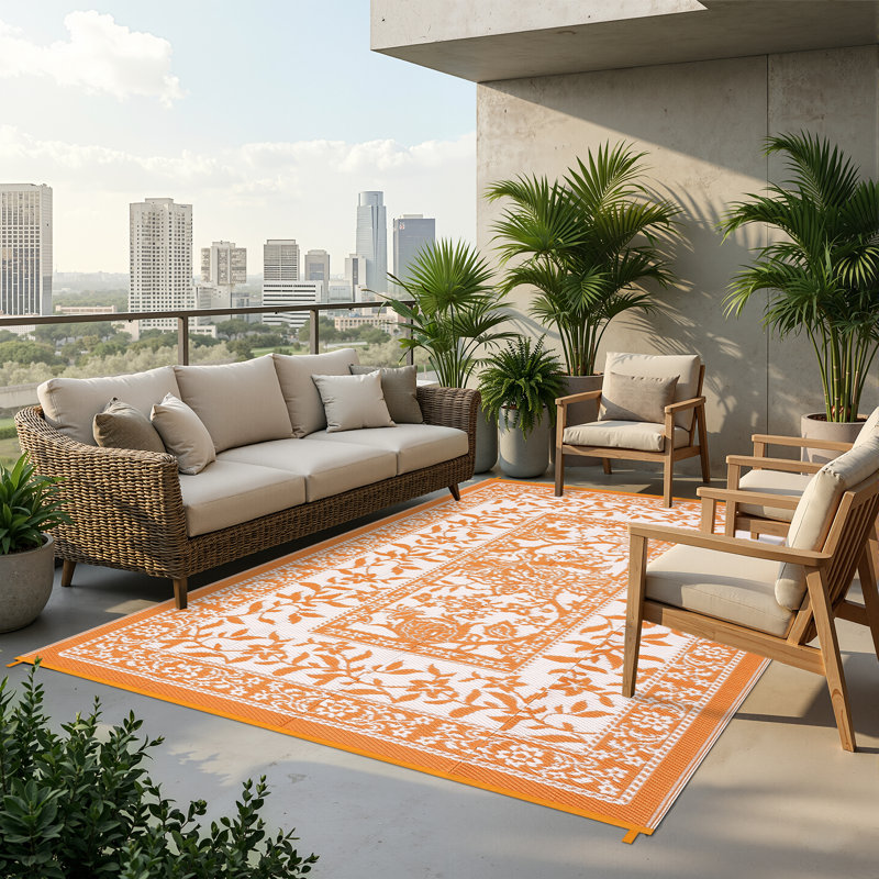 Reversible Floral Outdoor Rug Stain Resistant Waterproof UV Resistant Washable Lightweight Plastic Straw Mat for Patio Backyard Camping Beach