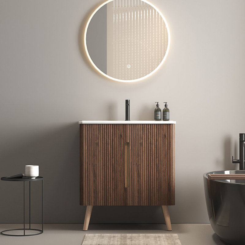30" Striped Walnut Bathroom Vanity with Sink, Freestanding & Wall Mounted Bathroom Cabinet Options