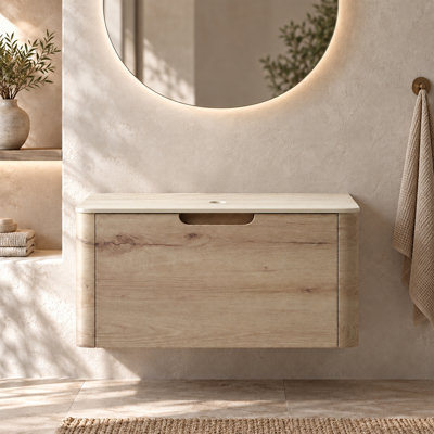 Modern Wall-mounted Bathroom Cabinets With 1 Drawer, Beige Sintered Stone Vanity Top & Retro Wood Grain Cabinet, No Sink Included