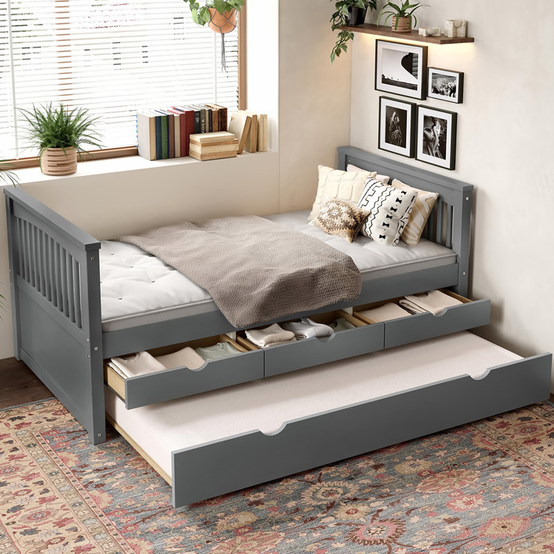 Solid Wood Daybed, With Drawers And Trundle, Gray