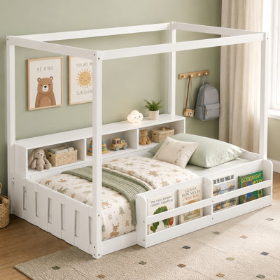 Lit Montessori une place avec barrière et garde-corps, cadre de lit en bois pour enfant avec tablette et rangement, baldaquin, sommier à lattes, blanc
