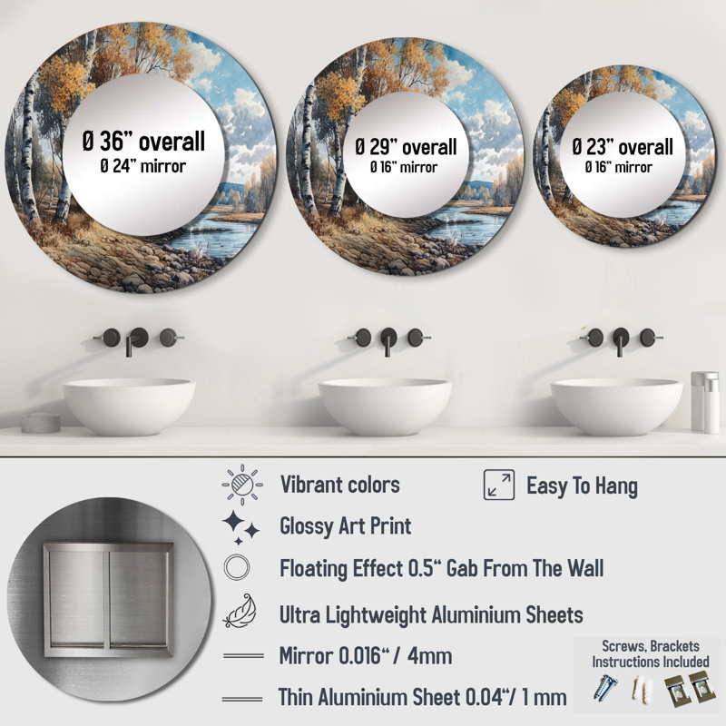 Halaina Forest And Pond Tranquility II - Tree Large Wall Mirror, Modern Round Unique Mirror, Printed Metal Art, 23" x 23"