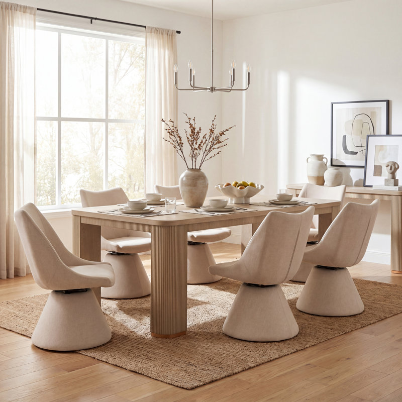 Ensemble de table de salle à manger 6 personnes Aurelio avec chaises rembourrées pivotantes à 180 °, Light Ash, Beige