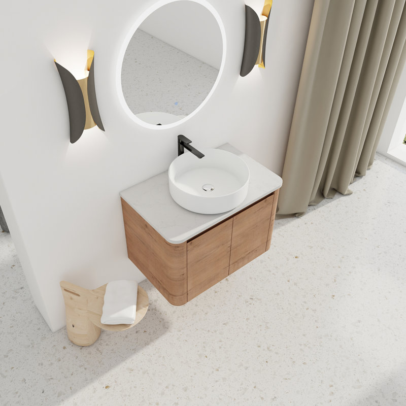 Meuble-lavabo mural moderne avec lavabo d'art en céramique et 2 portes à fermeture douce, 30", Blanc