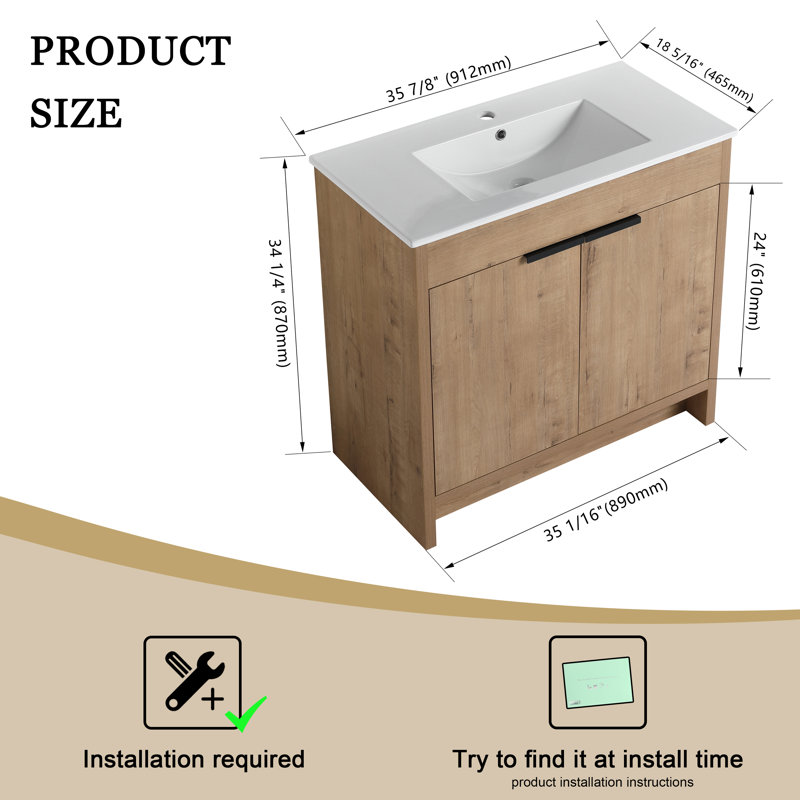 Caicedo 36 " W Freestanding Standard Free Standing 1 Single Vanity Bathroom Vanity With Ceramic Top, Imitative Oak