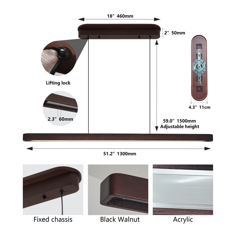 51-Inch Modern LED Linear Pendant Light in Walnut Finish - Adjustable Hanging Fixture for Dining Room & Kitchen Island