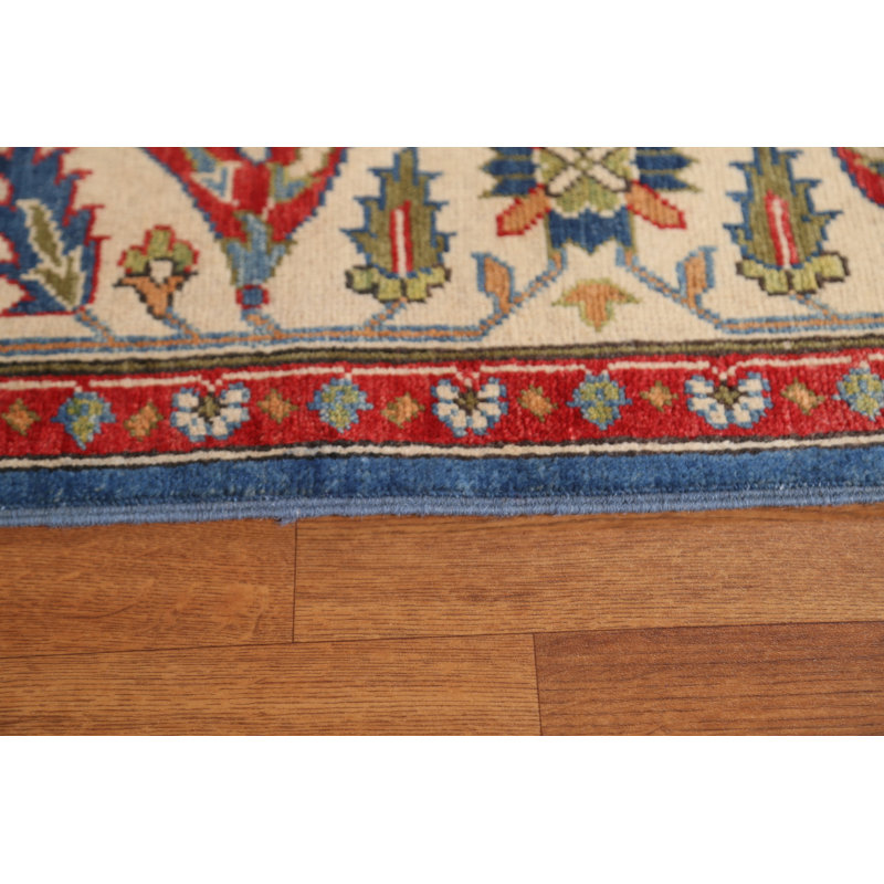 Tapis unique en laine noué à la main 6 pi 9 po x 9 pi 7 po nouvel âge en bleu / beige / rouge