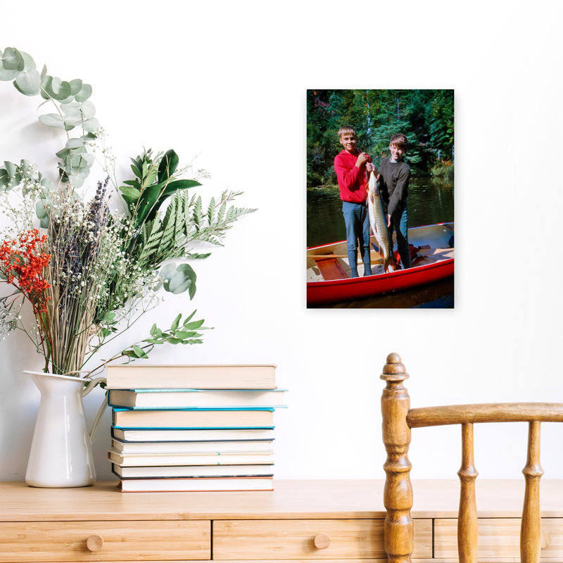 1960S Two Smiling Boys Brothers Standing In Red Canoe Looking At Camera Holding Up Big Fish Ballard Lake Northern Wisconsin Usa Contemporary Fish N...