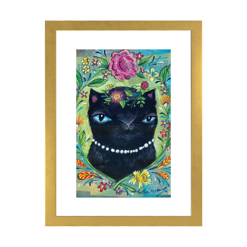 «Black Kitty» par Heather Renaux - reproduction d'art, H 32 po x l 24 po x P 1 po, Papier encadré doré, Blanc