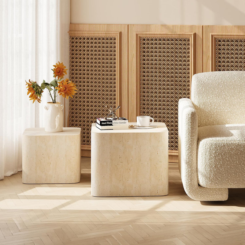 2-Piece Modern Nesting Coffee Table Set Travertine Finish, Travertine