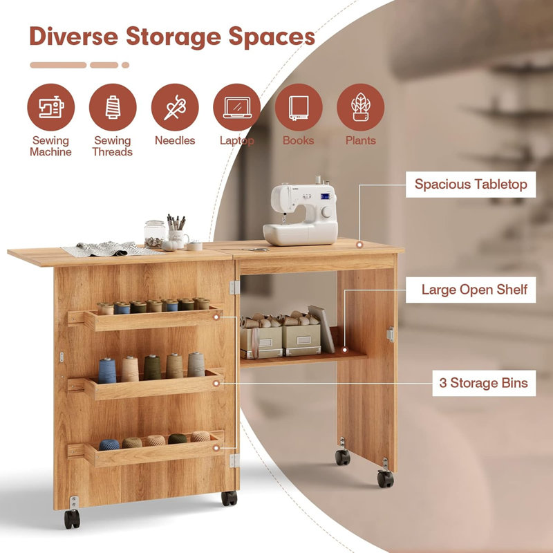 Folding Sewing Craft Table with 3 Storage Bins and Shelves