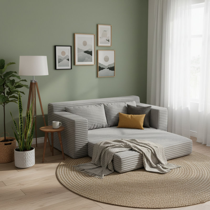 Convertible Sofa Bed with Plush Memory Foam & Sturdy Steel Frame - 2-in-1 Folding Loveseat, Corduroy Fabric, Zero Assembly for Home Office/Small Living Rooms