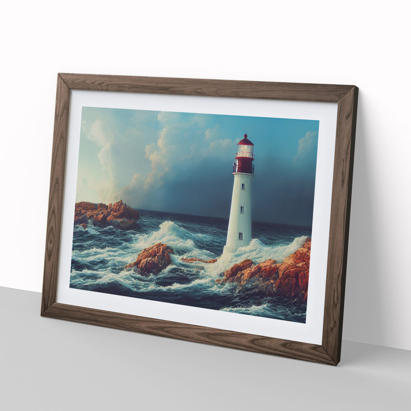 Riveting Lighthouse Seascape 1 Piece Single Picture Frame Wall Art, 46cm H x 64cm W x 2cm D, Walnut Framed