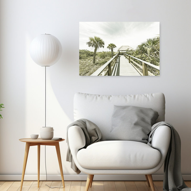 " Tropical Boardwalk Path Retro Vintage Abstract Palm Tree Coastal Wall Art Print " Print, 24" H x 36" W
