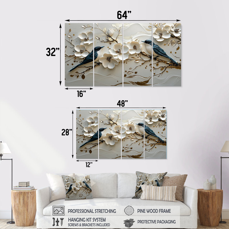 Gilden Birds Love Under A Gold White Orchid Tree Garden II - Ensemble de fleurs de cerisier, H 28 po x l 48 po