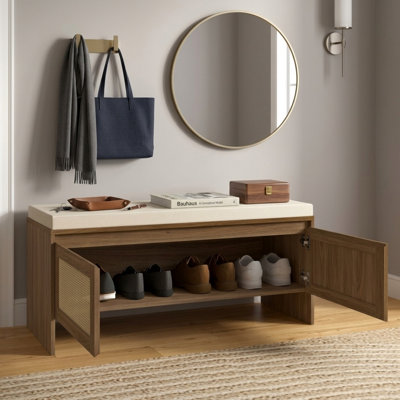 Banc de rangement moderne en rotin synthétique avec coussin amovible, meuble à chaussures à 2 portes en rotin PP, banc d'entrée en bois pour couloir, chambre ou vestibule