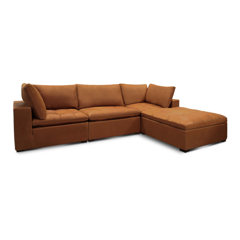 Brown Tufted Leather Modular Sectional Sofa with Ottoman