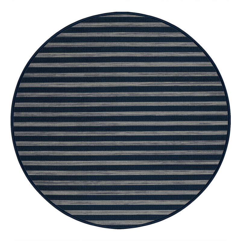 Machine Washable Horizontal Stripes Blue Area Rug, Round 8'