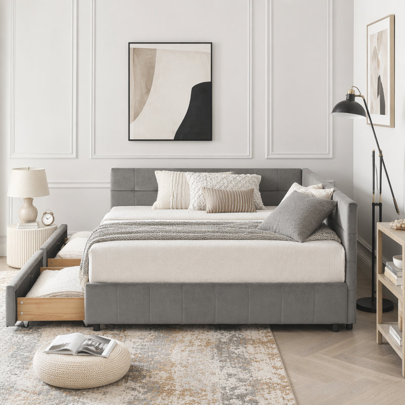 Lit de jour en velours avec capitonnage, Grey