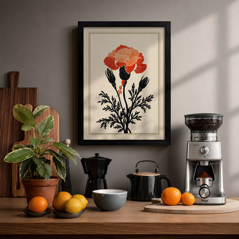 Carnation Study Botanical - Framed Print, A2 - 59.4 x 42.0 cm, Black