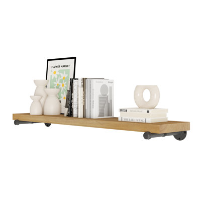 Tablette industrielle 48 "x 9,25", étagère en bois véritable de 1,5 po d'épaisseur, tablette flottante pour rangement mural, étagère suspendue pour décoration de salon, étagère de ferme avec support pour étagère à tuyaux, chêne doré, 1 pièce