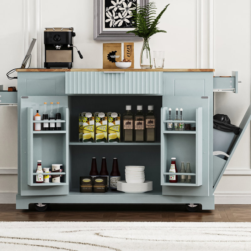 Îlot de cuisine avec devant cannelé et compartiments de rangement internes, Bleu gris