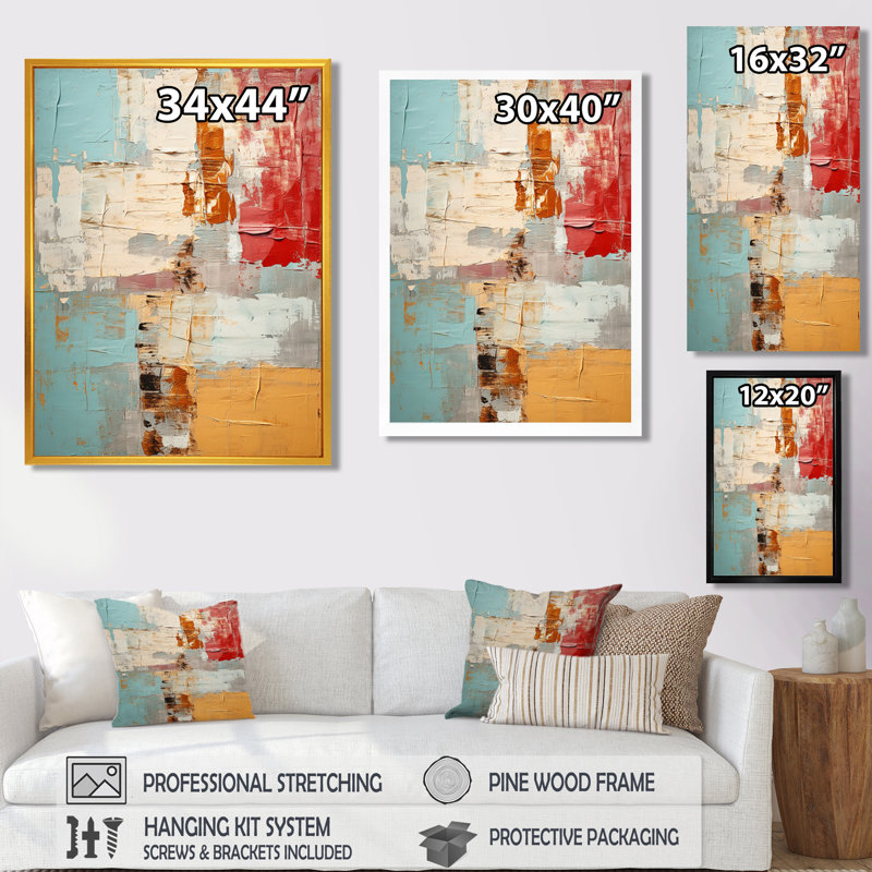 «Nostalgia In Blue Red Orange - Abstract Collages», art mural, Toile avec cadre flottant noir, H 40 po x l 30 po x P 1,5 po