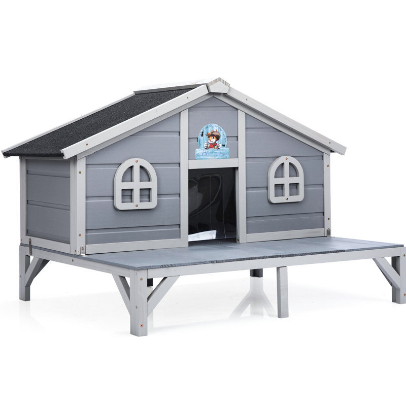 Maison pour chat toutes saisons en bois gris avec enclos de jeu et conception spacieuse, structure en pin massif, portes verrouillables à franges intérieures et extérieures verrouillables, salon pour chats