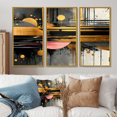 «Dark Transition Golden Shifting Horizons III», art mural formes transitionnelles - ensemble de 3