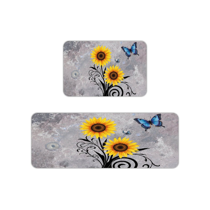 Grey Sunflower Kitchen Mats, 2 Pack Boho Rugs For Kitchen & Entryway