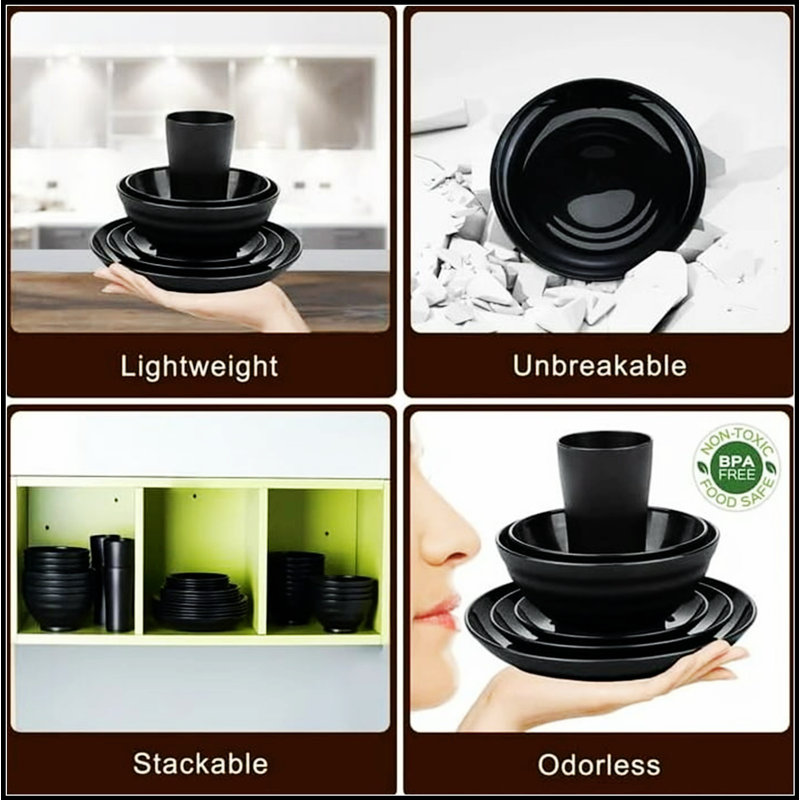 Service de vaisselle noir sans BPA 16 pièces, assiettes, bols et tasses en paille de blé durable et écologique, va au micro-ondes et au lave-vaisselle