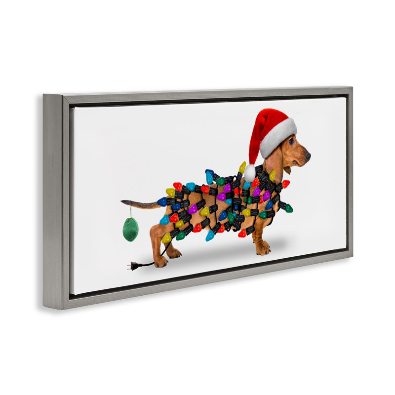 «Holiday Lights Dachshund», art mural sur toile par John Hovenstine, H 11 po x l 25 po, Cadre flottant gris lustré