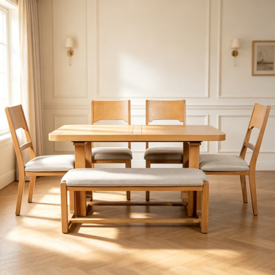 6-Piece Solid Wood Dining Table Set, Extendable Rectangular Dining Room Set