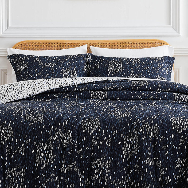 Adamson Botanical Leaves Down Alternative Reversible Comforter Set, Full/Queen Comforter + 2 Standard Shams, Blue