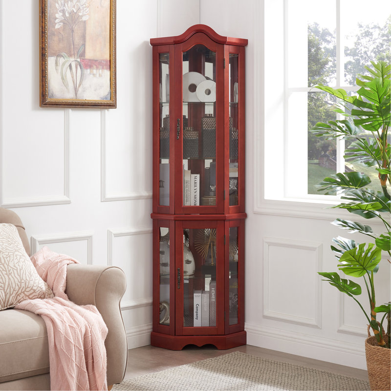 Vitrine de coin lumineuse avec portes et tablettes en verre trempé - Vitrine élégante en cerisier avec ampoule pour le décor du salon et de la chambre à coucher - Cerisier